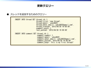 更新クエリー
スレッドを追加するためのクエリー
INSERT INTO thread SET thread_id= 1,
thread_title= 'new_thread',
thread_owner= 'yoku0825',
thread_owner_email= 'yoku0825@gmail.com',
thread_created= '2015/04/30 19:00:00',
comment_count= 1,
last_posted= '2015/04/30 19:00:00'
INSERT INTO comment SET thread_id= 1,
comment_number= 1,
comment_owner= 'yoku0825',
comment_owner_email= 'yoku0825@gmail.com',
comment_posted= '2015/04/30 19:00:00',
comment_body= 'This is my first thread!'
71/144
 