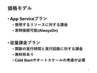 価格モデル
• App Serviceプラン
• 使用するリソースに対する課金
• 常時接続可能(AlwaysOn)
• 従量課金プラン
• 関数の実行時間と実行回数に対する課金
• 無料枠あり
• Cold Startやオートスケールの考慮が必要
35
 