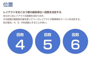 位置
レイアウトをおこなう際の最低単位＝因数を決定する
あらかじめレイアウトの因数を決めておき、
その因数の整数倍の値を使ってベースレイアウトや要素間のマージンを決定する。
私の場合、4、5、6を因数とすることが多い。
因数
5
因数
4
因数
6
 