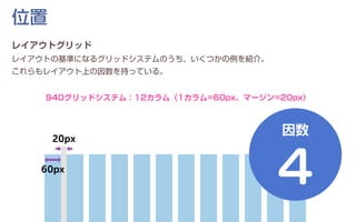 位置
レイアウトグリッド
レイアウトの基準になるグリッドシステムのうち、いくつかの例を紹介。
これらもレイアウト上の因数を持っている。
940グリッドシステム：12カラム（1カラム=60px、マージン=20px）
60px
20px
因数
4
 