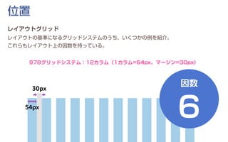 位置
レイアウトグリッド
レイアウトの基準になるグリッドシステムのうち、いくつかの例を紹介。
これらもレイアウト上の因数を持っている。
978グリッドシステム：12カラム（1カラム=54px、マージン=30px）
54px
30px
因数
6
 