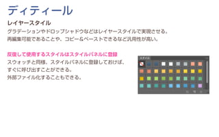 レイヤースタイル
グラデーションやドロップシャドウなどはレイヤースタイルで実現させる。
再編集可能であることや、コピー＆ペーストできるなど汎用性が高い。
反復して使用するスタイルはスタイルパネルに登録
スウォッチと同様、スタイルパネルに登録しておけば、
すぐに呼び出すことができる。
外部ファイル化することもできる。
ディティール
 