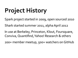 Project	
  History	
  
Spark	
  project	
  started	
  in	
  2009,	
  open	
  sourced	
  2010	
  
Shark	
  started	
  summer	
  2011,	
  alpha	
  April	
  2012	
  
In	
  use	
  at	
  Berkeley,	
  Princeton,	
  Klout,	
  Foursquare,	
  
Conviva,	
  Quantiﬁnd,	
  Yahoo!	
  Research	
  &	
  others	
  
200+	
  member	
  meetup,	
  500+	
  watchers	
  on	
  GitHub	
  
 