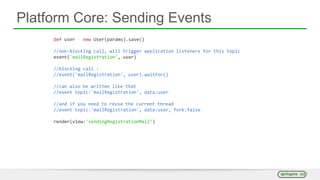 Platform Core: Sending Events
def user = new User(params).save()
//non-blocking call, will trigger application listeners for this topic
event('mailRegistration', user)
//blocking call :
//event('mailRegistration', user).waitFor()
//can also be written like that
//event topic:'mailRegistration', data:user
//and if you need to reuse the current thread
//event topic:'mailRegistration', data:user, fork:false
render(view:'sendingRegistrationMail’)
 