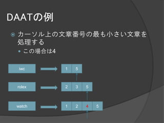 DAATの例
   カーソル上の文章番号の最も小さい文章を
    処理する
     この場合は4


     iwc       1   5



    rolex      2   3   5



    watch      1   2   4   5
 