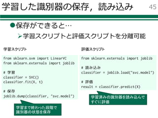 学習した識別器の保存，読み込み
l保存ができると…
Ø学習スクリプトと評価スクリプトを分離可能
45
from sklearn.svm import LinearVC
from sklearn.externals import joblib
# 学習
classifier = SVC()
classifier.fit(X, t)
# 保存
joblib.dump(classifier, "svc.model")
from sklearn.externals import joblib
# 読み込み
classifier = joblib.load("svc.model")
# 評価
result = classifier.predict(X)
学習スクリプト 評価スクリプト
学習まで終わった段階で
識別器の状態を保存
学習済みの識別器を読み込んで
すぐに評価
 