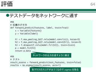 評価
lテストデータをネットワークに通す
64
#%%
# 伝播のさせ方
def forward_predict(features, label, train=True):
x = Variable(features)
y = Variable(label)
h1 = F.max_pooling_2d(F.relu(model.conv1(x)), ksize=5)
h2 = F.max_pooling_2d(F.relu(model.conv2(h1)), ksize=5)
h3 = F.dropout(F.relu(model.fc1(h2)), train=train)
p = model.fc2(h3)
return p.data
#%%
# テスト
result_scores = forward_predict(test_features, train=False)
results = np.argmax(result_scores, axis=1)
各クラスのスコアが出てくるので argmax を取る
ネットワークの出力を返すように修正
 