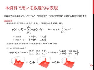 6
本資料で用いる数理的な表現
混合分布
複数の確率分布の重み付き線形和で表現される確率分布を混合分布と呼ぶ
例）2つの正規分布の混合
本資料では確率モデル(= "モデル"，"確率分布"，"確率密度関数")に関する数式を多用する
π：混合比
θ：パラメータ
混合分布の要素となるそれぞれの確率分布をコンポーネントと呼ぶ
 