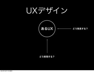 UXデザイン

                   あるUX     どう発見する？




                  どう実現する？




2012年10月17日水曜日
 