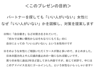 パートナーを探しても「いい人がいない」女性に
なぜ「いい人がいない」かを図解し、対策を提案します
※特に「自分磨き」などの努力をされていて、
「好みでは無い異性からはそれなりにもてる」のに
自分にとっての「いい人がいない」という女性向けです
※そのような女性にご相談いただくケースが割と多いので、まとめました。
日本の国力向上や人口減の歯止めの一助になれば嬉しいです。
周りの女性に過去2年ほど話してきた内容ですが、総じて好評で、中には
このアドバイスを元にゴールインした、という女性もいらっしゃいます♡
＜このプレゼンの目的＞
 