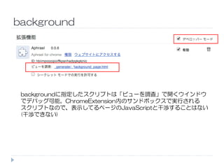 background
Ｄ
Ｄ
backgroundに指定したスクリプトは「ビューを調査」で開くウインドウ
でデバッグ可能。ChromeExtension内のサンドボックスで実行される
スクリプトなので、表示してるページのJavaScriptと干渉することはない
(干渉できない)
 