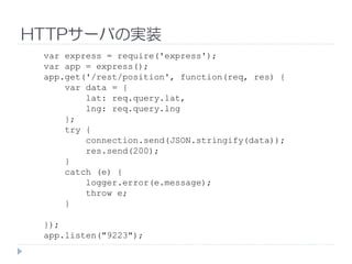 HTTPサーバの実装
var express = require('express');
var app = express();
app.get('/rest/position', function(req, res) {
var data = {
lat: req.query.lat,
lng: req.query.lng
};
try {try {
connection.send(JSON.stringify(data));
res.send(200);
}
catch (e) {
logger.error(e.message);
throw e;
}
});
app.listen("9223");
 