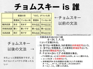 チョムスキー is 誰http://www.max.hi-ho.ne.jp/miyairi/nihongobunpou02.html
←チョムスキー
以前の文法
チョムスキー
以後の文法 →
※ちょっと誇張気味ですが、こ
れぐらいインパクトがあったら
しい
http://ocw.kyushu-u.ac.jp/0005/0003/lecture/3_1.pdf
 