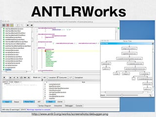 21世紀のパーサ
•メモリも計算機速度も潤沢になったので気にせ
ず使いたい
•PEG（+ Packrat Parser）
•開発速度を高めたい
•ANTLRworks
 