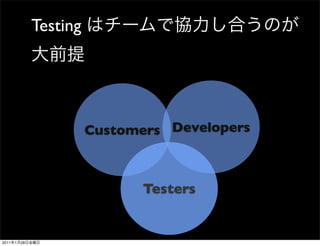 Testing




                          Customers Developers



                                 Testers


2011   1   28
 