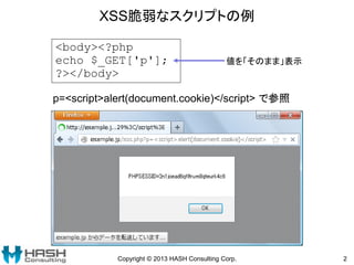 XSS脆弱なスクリプトの例
Copyright © 2013 HASH Consulting Corp. 2
<body><?php
echo $_GET['p'];
?></body>
値を「そのまま」表示
p=<script>alert(document.cookie)</script> で参照
 