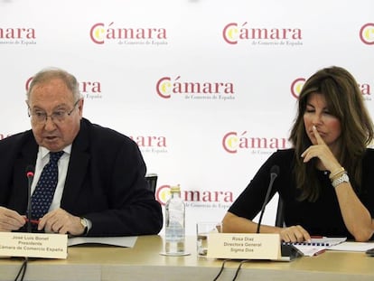 El presidente de la Cámara de Comercio española, José Luis Bonet, y la directora general de Sigmados, Rosa Díaz, durante una rueda de prensa en Madrid este miércoles.