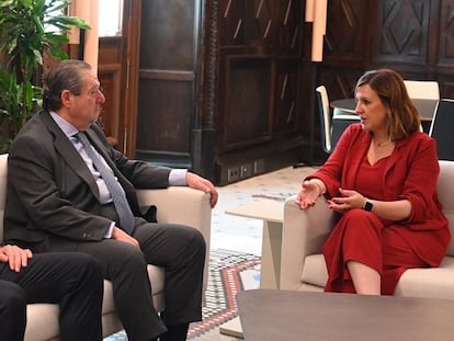 La alcaldesa de València, María José Catalá, y el presidente de AVE, Vicente Boluda, durante la reunión que han mantenido en el Ayuntamiento este martes.