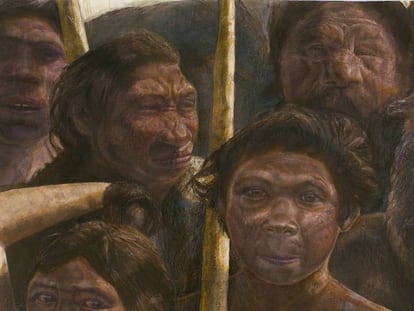 Representación de un grupo de homínidos en la Sima de los Huesos, en el yacimiento de Atapuerca.