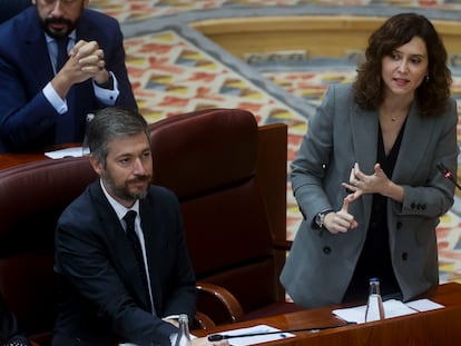 La presidenta de la Comunidad de Madrid, Isabel Díaz Ayuso, interviene durante el pleno de la Asamblea de Madrid, este jueves.