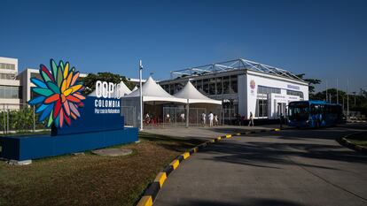 Entrada a la Zona Azul de la COP16 en el Centro De Eventos Valle Del Pacifico, en Cali, el 21 de octubre de 2024.