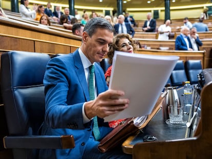 El presidente del Gobierno, Pedro Sánchez, durante el pleno del Congreso en el que ha presentado las líneas generales de su plan de regeneración democrática.