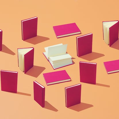 A group of books laid in a pattern on a colorful background