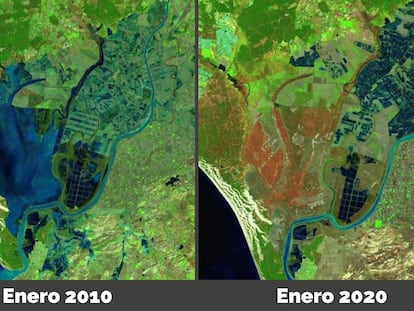 Imágenes de las marismas de Doñana en 2010 (zona azul al completo) por el satélite Landsat 5 y otra tomada en 2020 por el satélite Landsat 8.