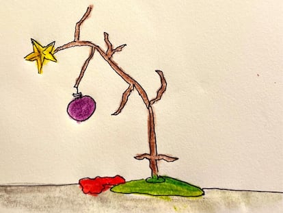 Un dibujo de un árbol de Navidad con solo una esfera.