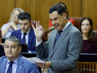 El presidente andaluz, Juan Manuel Moreno, durante su intervención en la sesión de control en el pleno del Parlamento de Andalucía este jueves en Sevilla.