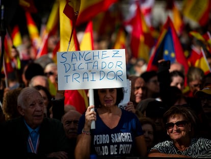 Vista de la protesta contra el Gobierno convocada por la Plataforma por la España Constitucional con el respaldo del PP y Vox. La manifestación ha salido este domingo desde la Plaza de Castilla de Madrid para pedir "elecciones generales ya" en defensa de "la unidad, la dignidad, la ley y la libertad".