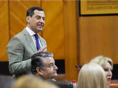 El presidente de la Junta de Andalucía, Juan Manuel Moreno, durante su comparecencia en el pleno del Parlamento andaluz.