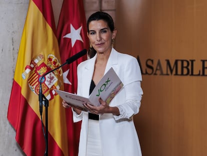 La portavoz de Vox en la Asamblea de Madrid, Rocío Monasterio, comparece para anunciar que deja su acta de diputada este jueves.