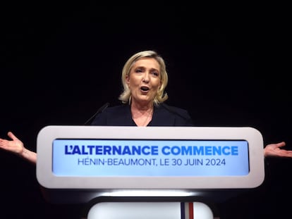 Marine Le Pen, durante su discurso tras conocerse los primeros resultados.