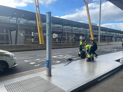 Trabajadores del aeropuerto y agentes de la policía municipal limpian en el lugar donde se produjo el atropello.