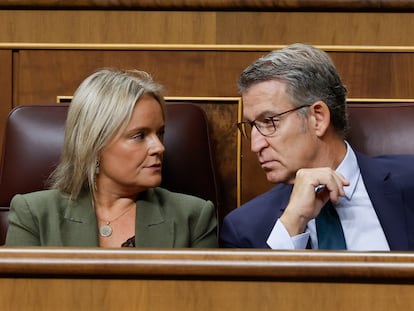 La senadora popular Marimar Blanco conversa con el líder del PP, Alberto Núñez Feijóo, este miércoles en el Congreso.