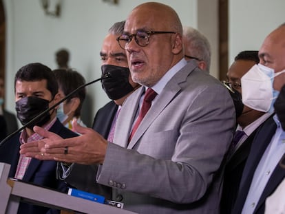 El presidente de la Asamblea Nacional, Jorge Rodríguez, en la conferencia de prensa celebrada este martes en Caracas.