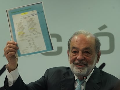 Carlos Slim durante una conferencia de prensa en Ciudad de México, en febrero de 2024.