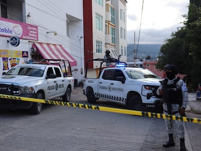 Miembros de la Guardia Nacional resguardan el área donde fueron encontrados los restos del alcalde Alejandro Arcos Catalán, este domingo en Chilpancingo (Guerrero).