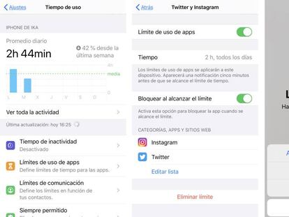 Capturas de pantalla de la 'app' de Apple que monitoriza el tiempo de uso del móvil y bloquea el acceso a las aplicaciones seleccionadas.