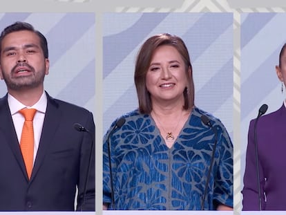 Jorge Álvarez Máynez, Xóchitl Gálvez y Claudia Sheinbaum, durante el tercer debate.