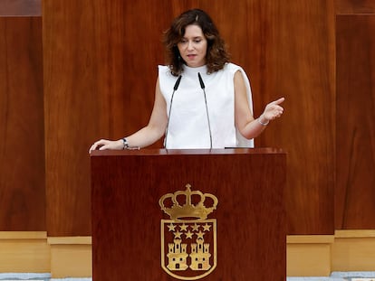 La presidenta de la Comunidad de Madrid, Isabel Díaz Ayuso, este viernes, en la Asamblea madrileña.