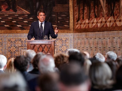 El president de la Generalitat, Carlos Mazón, durante su discurso institucional con motivo del Día de la Comunitat Valenciana.