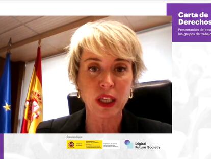 Carme Artigas, secretaria de Estado para la Digitalización e Inteligencia Artificial, durante la presentación de la Carta de Derechos Digitales.