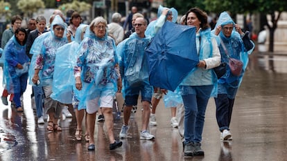 Unos turistas cubiertos con chubasqueros siguen a su guía el jueves 19 de septiembre en la plaza del Ayuntamiento de Valencia.