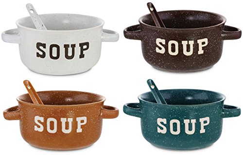 KOVOT Set of 4 Speckled Ceramic Soup Bowls With Spoons - 22-Ounces Each