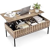 LinTimes Wooden Coffee Table, Lift Top Coffee Table with Storage Shelf and Hidden Compartment, Metal Frame Rising Dining Cent