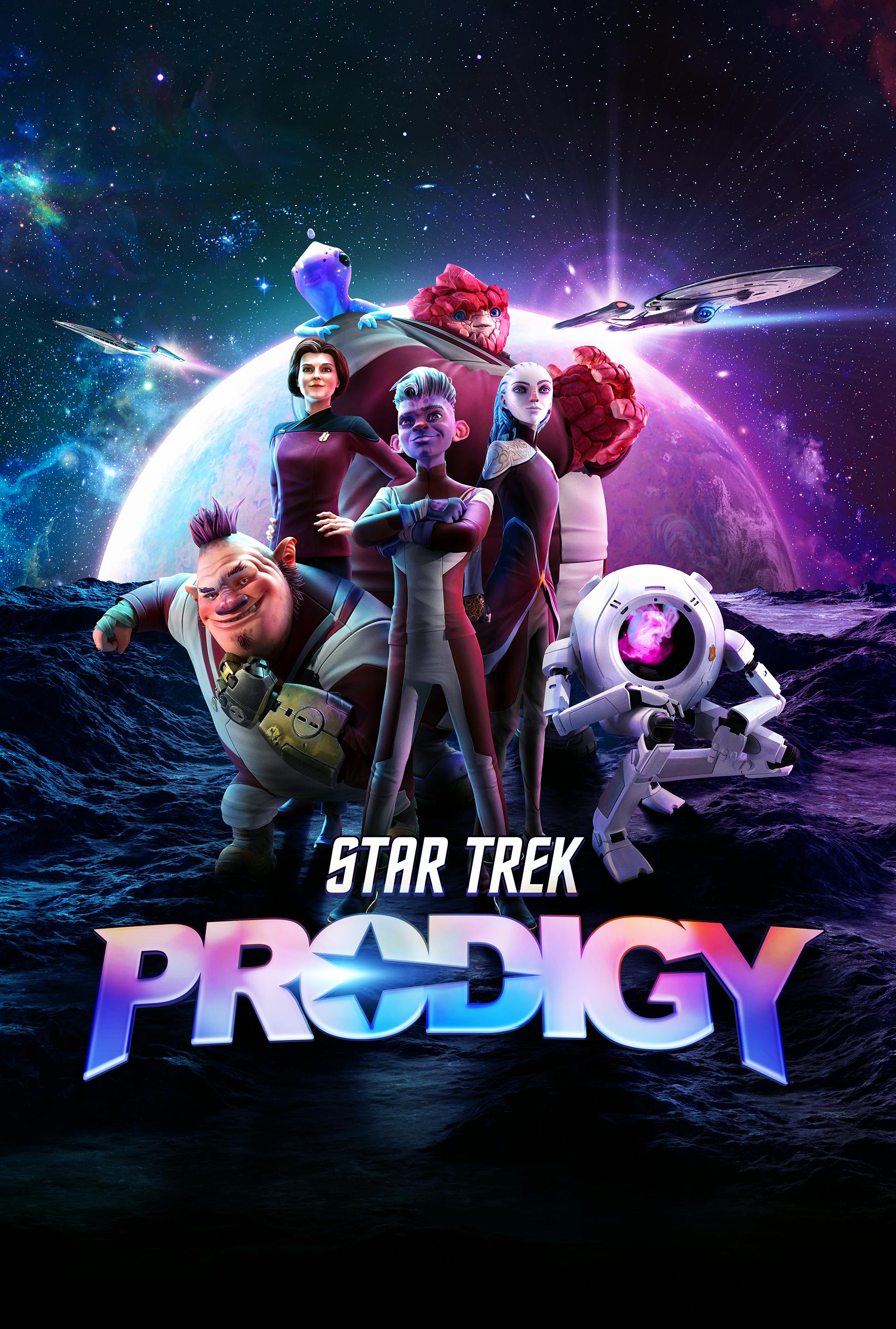 Jankom, Dal, Zero, Janeway, Gwyn, Murf, and Rok-Tahk stand together on a rocky terrain with a planet in the background,  and a starship on either side of them. The Star Trek: Prodigy logo is at their feet. 