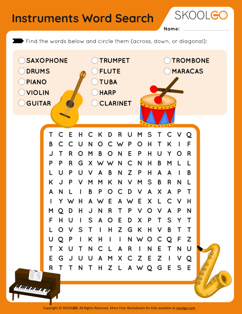 Instruments Word Search - Free Worksheet for Kids