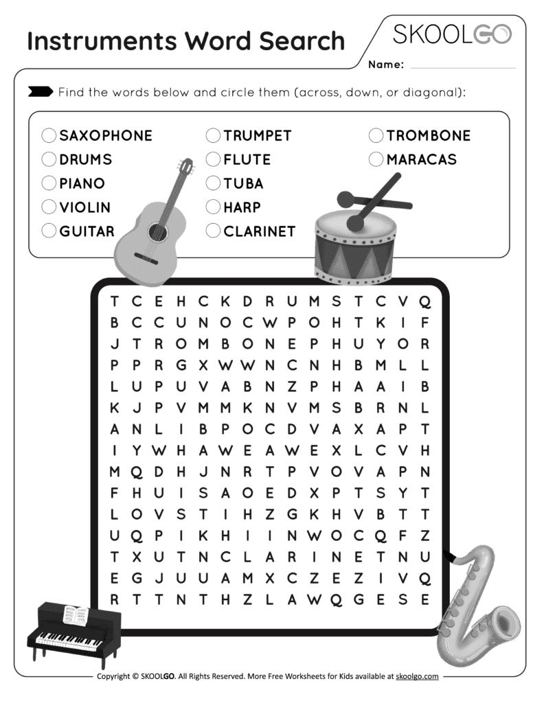 Instruments Word Search - Free Black and White Worksheet for Kids